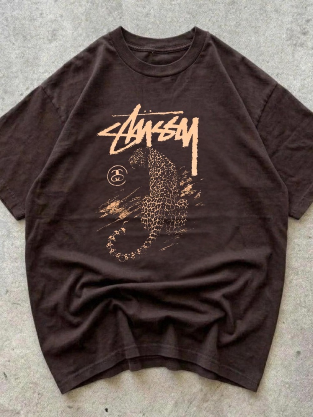 Gildan Stussy Black Graphic Tee with Leopard Print tshirt